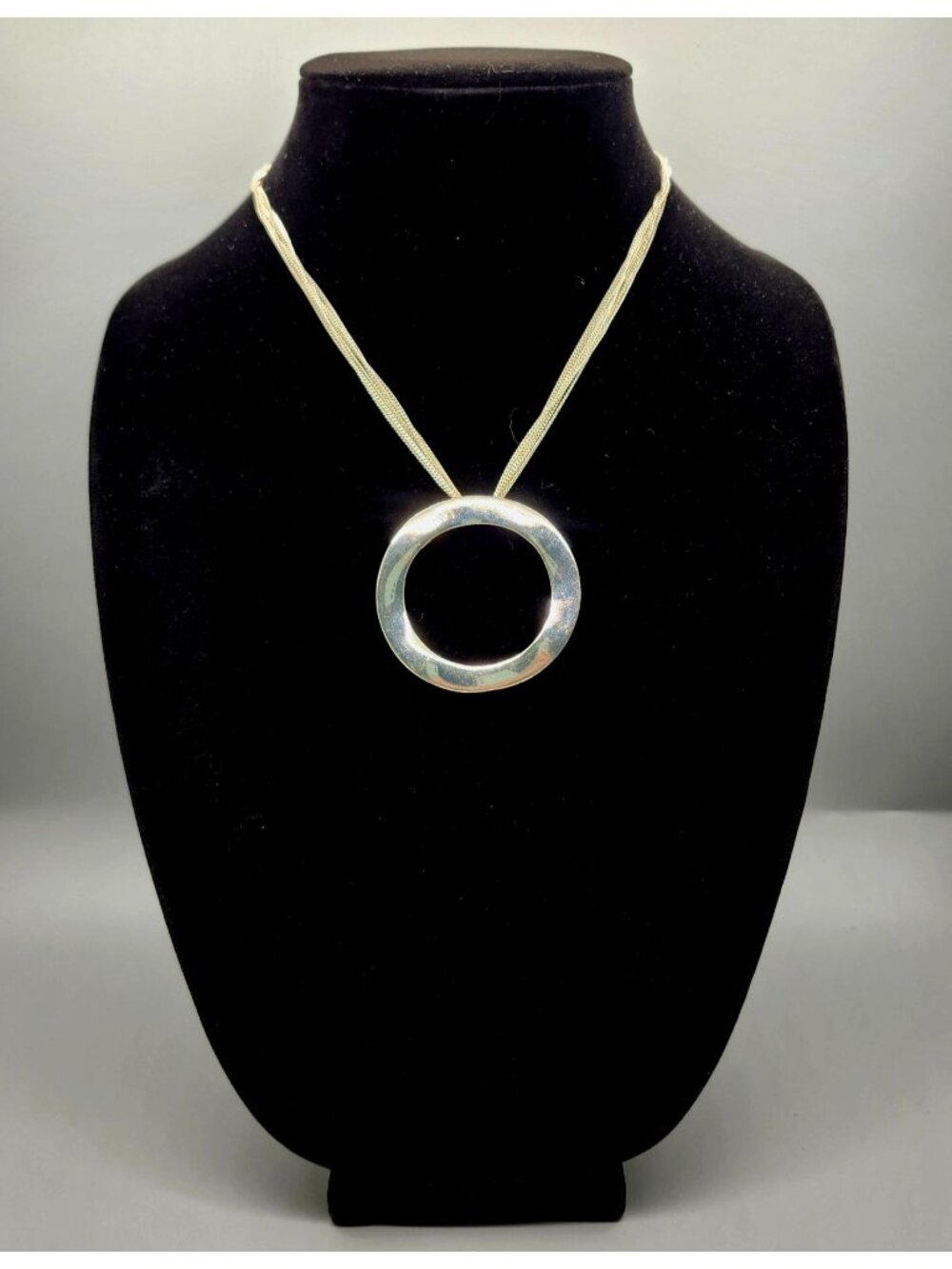 Silver-Tone Circular Pendant Necklace With Multi-Strand Chain And Lobster Clasp